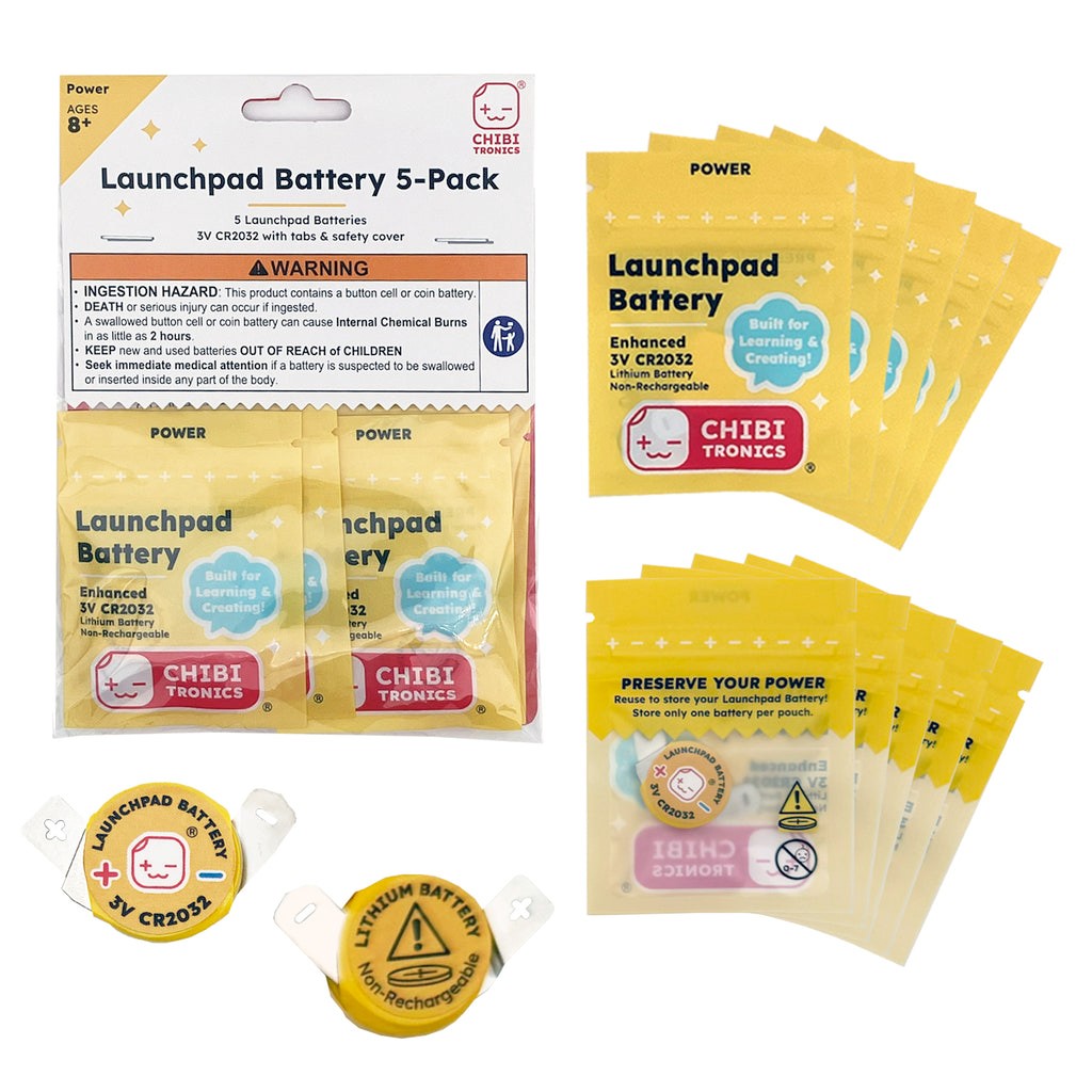 Chibi Tronics Launchpad Battery 5-Pack, 3V CR2032 with tabs and safety cover