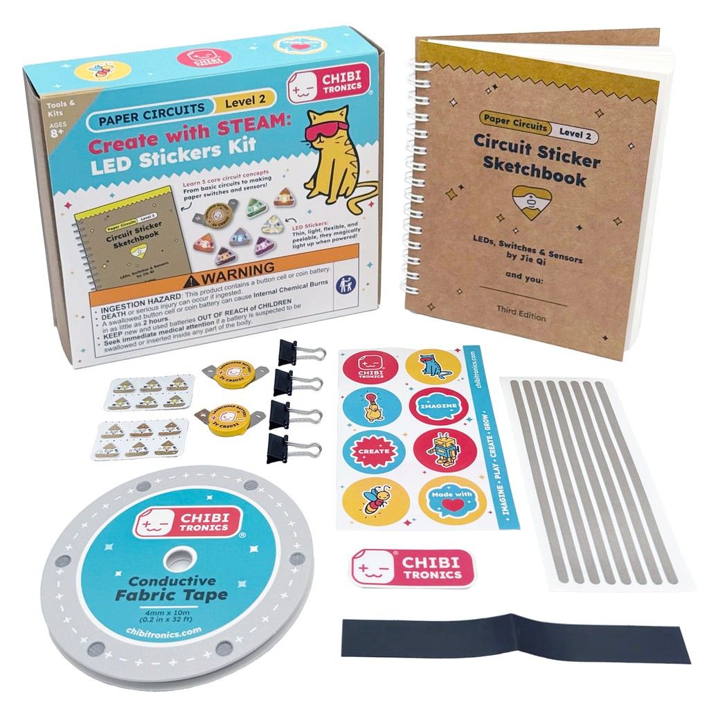 Chibi Tronics Paper Circuits Level 2 LED Stickers Kit including sketchbook by Jie Qi, conductive tape, and electronic components